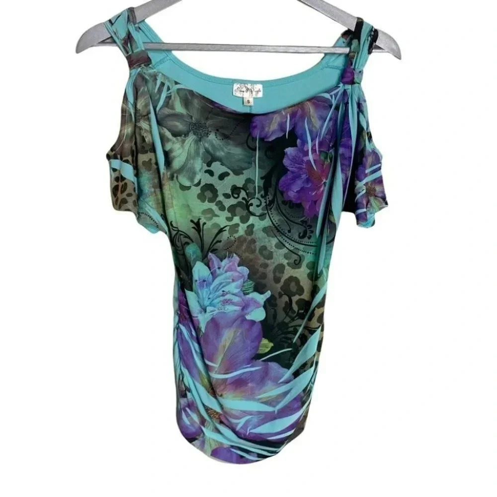 Fiona & Purple S aqua & purple cold shoulder draped neck top‎